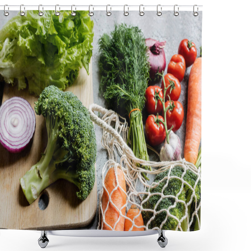 Personality  Fresh Ripe Vegetables In String Bag Near Cutting Board On Grey Concrete Surface Shower Curtains