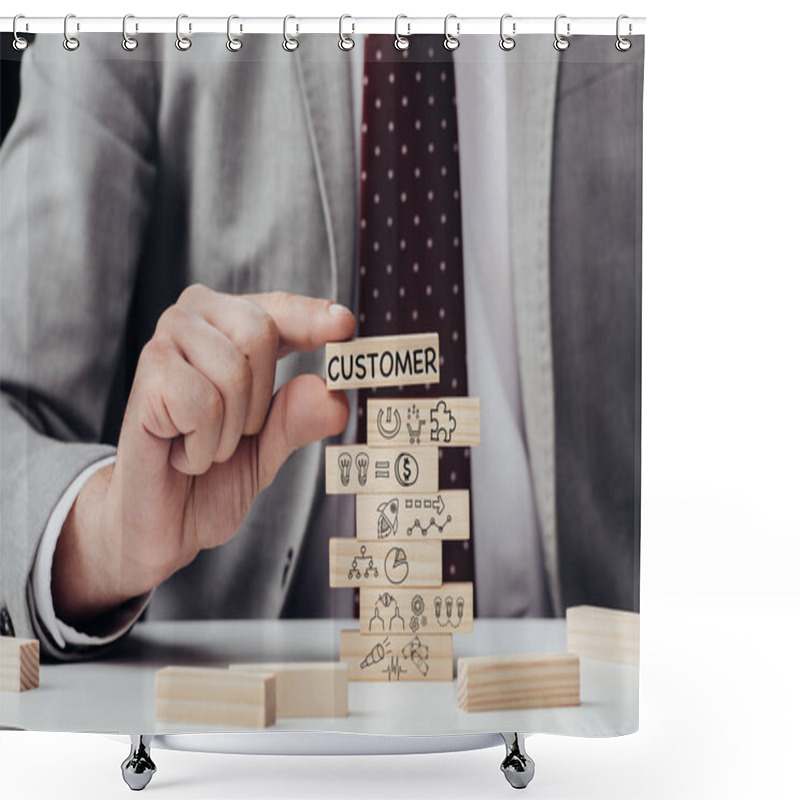 Personality  Cropped View Of Man Holding Brick With Word 'customer' Over Wooden Blocks With Icons Shower Curtains