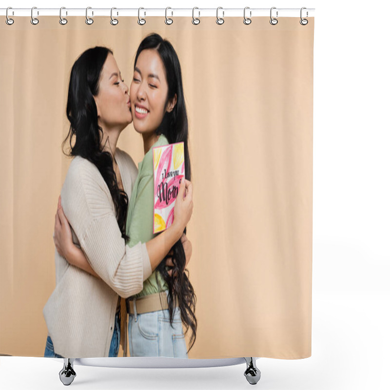 Personality  Brunette Asian Mother Holding Greeting Card And Kissing Happy Adult Daughter Isolated On Beige Shower Curtains