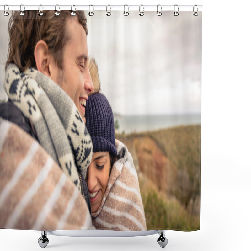 Personality  Young Couple Laughing Outdoors Under Blanket In A Cold Day Shower Curtains