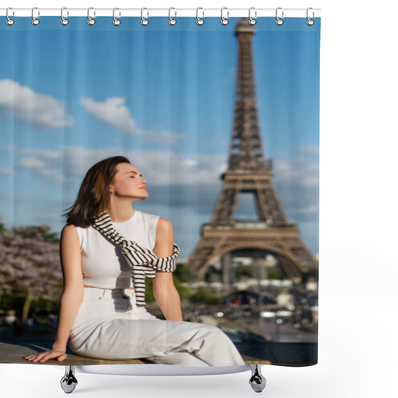 Personality  Young Woman In Stylish Outfit Sitting Near Eiffel Tower In Paris, France Shower Curtains