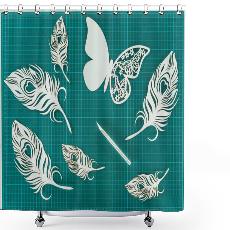 Personality  Top View Of Cut Paper Butterfly And Feathers On Turquoise Scale Shower Curtains