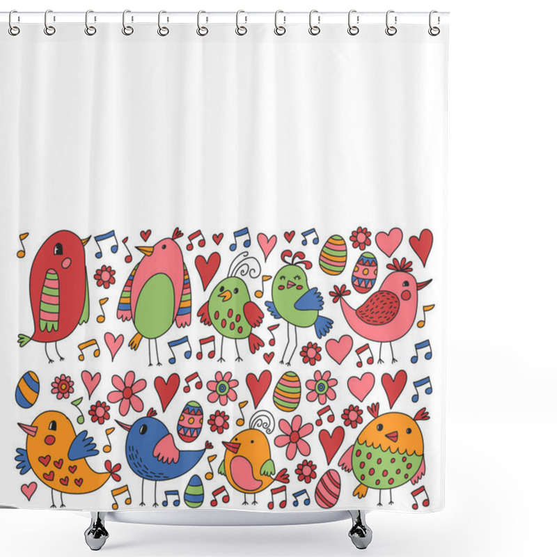 Personality  Pattern Kids Fabric, Textile, Nursery Wallpaper. Vector Illustration. Hand Drawn Singing Birds And Flowers For Little Children. Shower Curtains