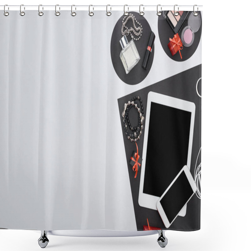 Personality  Top View Of Gadgets, Gift Boxes, Perfume, Bracelets, Decorative Cosmetics Shower Curtains