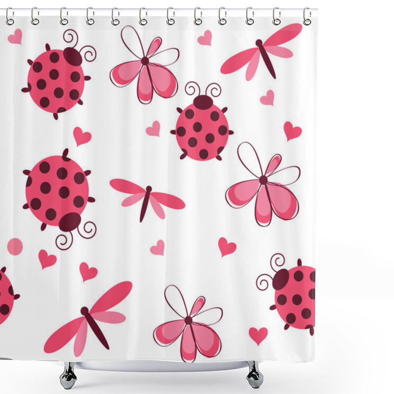 Personality  Romantic Seamless Pattern With Dragonflies, Ladybugs, Hearts And Shower Curtains