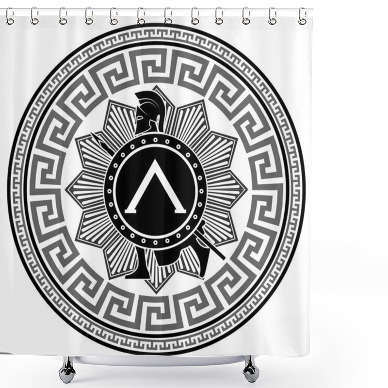 Personality  Label With The Greek Pattern. Silhouette Of The Spartan Soldier Shower Curtains