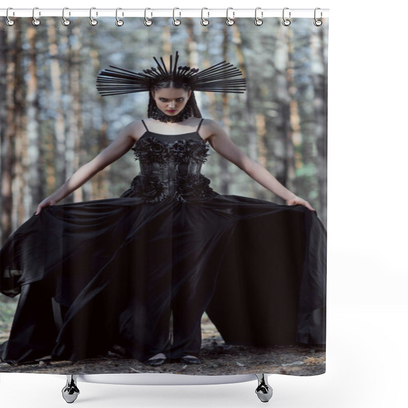 Personality  Elegant Woman Holding Hem Of Witch Costume, Standing On Forest Background, Looking At Camera Shower Curtains