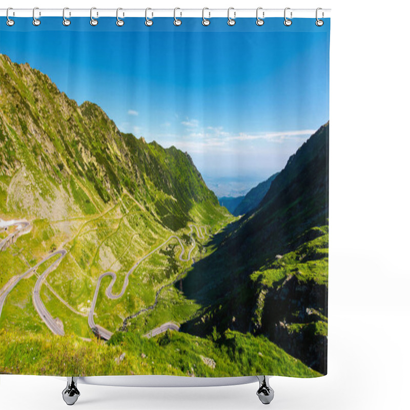 Personality  Transfagarasan Road In Mountains Of Romania. Gorgeous View Of The Landscape From The Edge Of A Hill. Serpentine Road With Lots Of Turnarounds Is Winding Down The Valley Shower Curtains