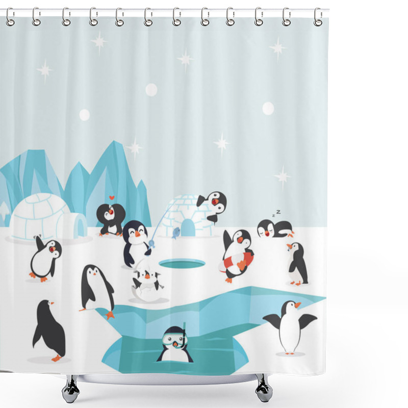 Personality  Group Of Penguins North Pole Arctic In The Ocean Shower Curtains