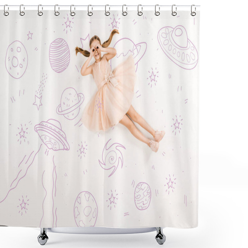 Personality  Top View Of Cheerful Kid In Pink Dress With Hands Near Eyes In Space On White  Shower Curtains