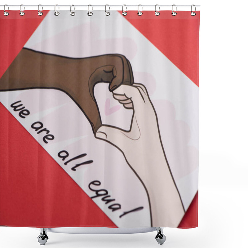 Personality  Picture With Drawn Multiethnic Hands Showing Heart Gesture On Red Background Shower Curtains