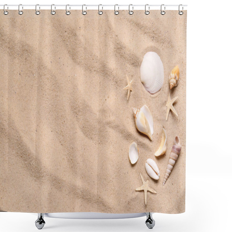 Personality  Beautiful Seashells And Starfishes On Beach Sand, Flat Lay With Space For Text. Summer Vacation Shower Curtains