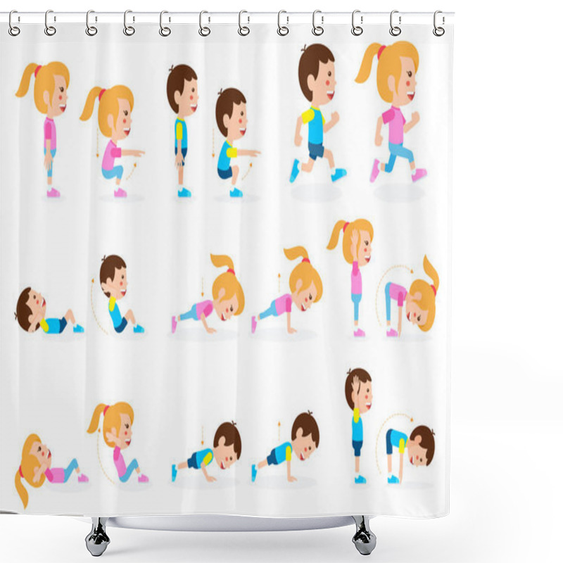 Personality  Girl And Boy Children Fitness Exercise Set. Vector Illustration. Shower Curtains