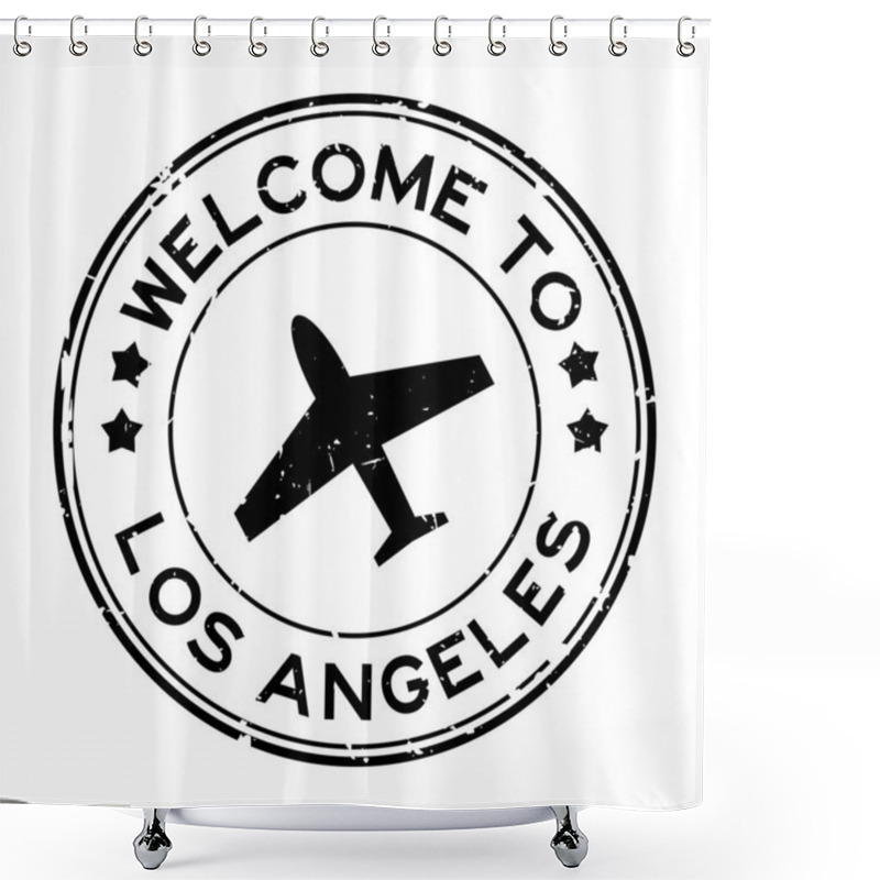 Personality  Grunge Black Welcome To Los Angeles Word With Plane Icon Round Rubber Seal Stamp On White Background Shower Curtains