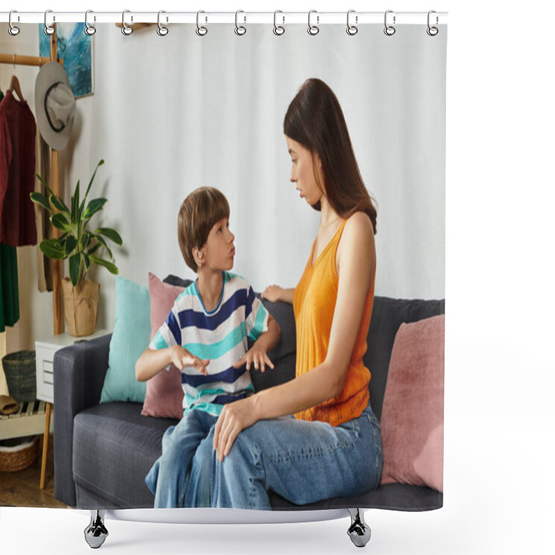 Personality  A Mother Engages Attentively With Her Son, Fostering Communication And Understanding. Shower Curtains