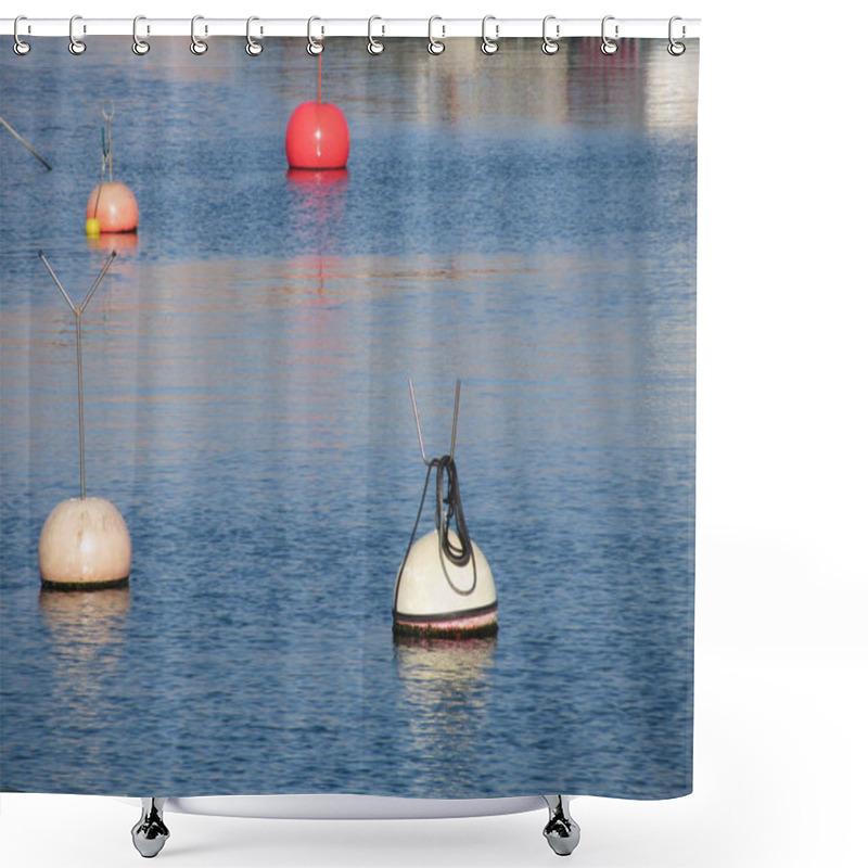 Personality  Lots Of Mooring Buoys Floating On Calm Sea Water Shower Curtains