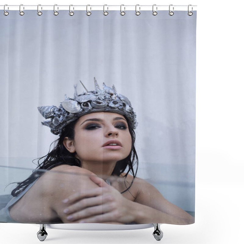 Personality  A Young Woman With Dark Hair, Wearing A Crown Of Seashells, Sits Submerged In Water. Shower Curtains