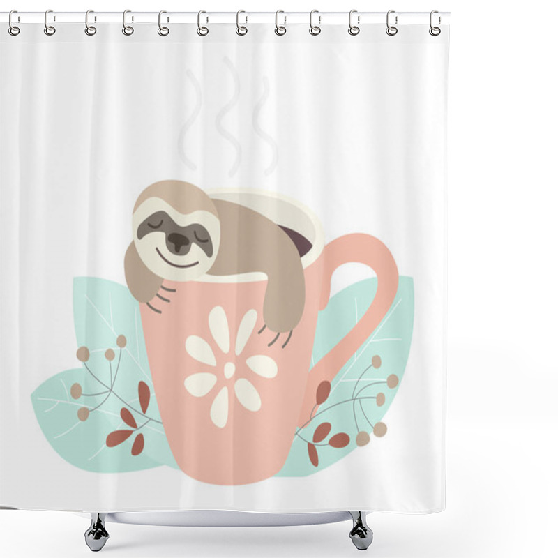 Personality  Cute Lazy Sloth Sleeping In Coffee Cup, Nap Time And Relax Of Happy Sleepy Animal Shower Curtains