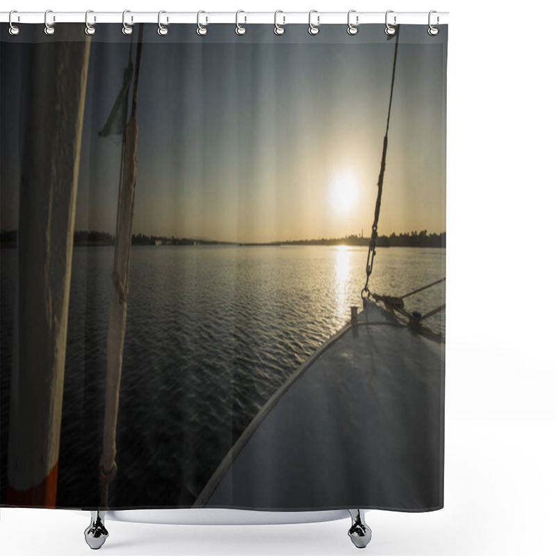 Personality  View Across Large Wide River Nile In Egypt To Riverbank Through Rural Countryside Landscape From Felluca Sailing Boat With Rigging At Sunset Shower Curtains