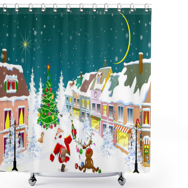 Personality  City Street In The Winter Christmas Night. Santa And Deer Happily Greet Christmas.  Christmas Tree. Houses Covered With Snow. Winter Night On Christmas Eve. Shower Curtains