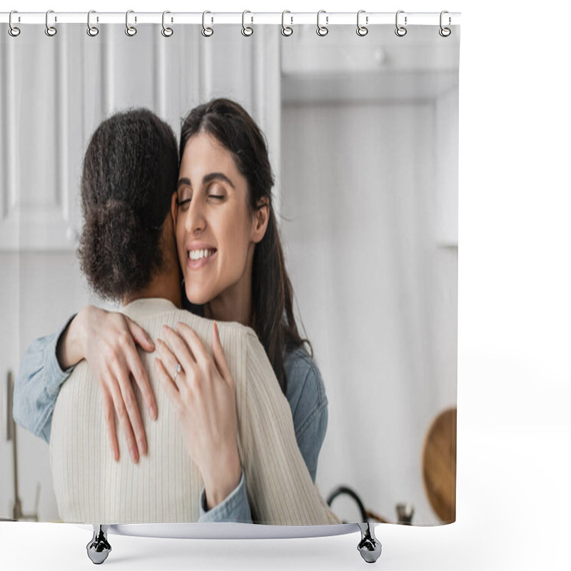 Personality  Overjoyed Lesbian Woman With Wedding Ring On Finger Smiling And Hugging Multiracial Girlfriend   Shower Curtains