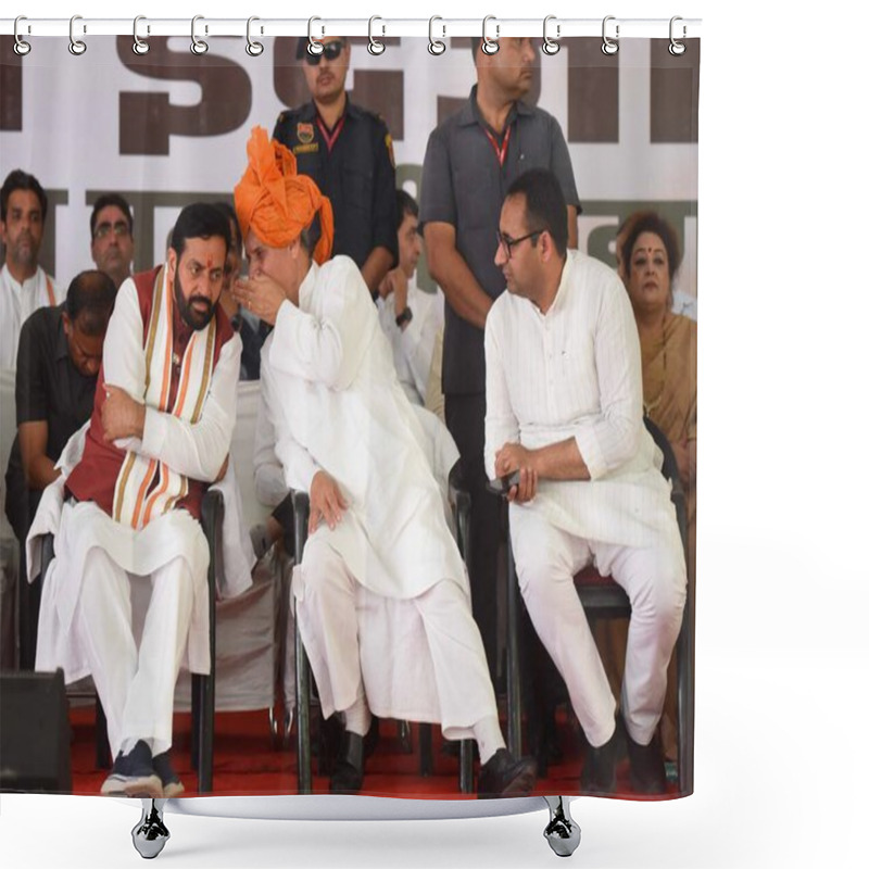 Personality  GURUGRAM, INDIA - APRIL 29: Chief Minister Of Haryana, Nayab Singh Saini And Union Minister Of State And BJP Gurugram Parliamentary Constituency Candidate, Rao Inderjit Singh During The Nomination Rally At Civil Line Near Mor Chowk On April 29, 2024  Shower Curtains