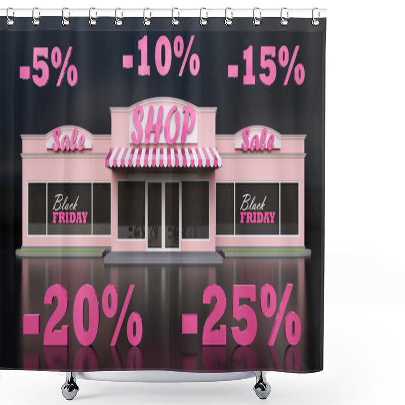 Personality  A Typical American Grocery Store. The Sale Of Goods. Sign Black Friday. White Isolated Background. Large Letters Discounts Of 5, 10, 15, 20 And 25 Percent. 3d Illustration. Shower Curtains