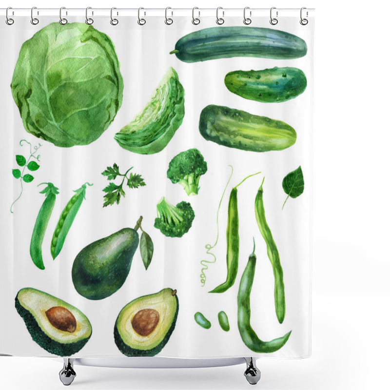 Personality  Watercolor Illustration, Set. Vegetables. Cabbage Broccoli Avocado Peas Beans, Cucumbers. Isolated Eco Food Illustration On White Background. Shower Curtains