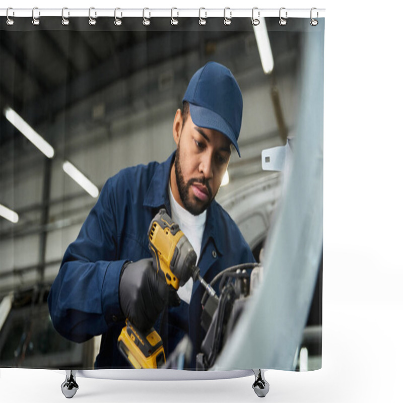 Personality  Handsome Mechanic Focuses Intently On Repairing An Engine With His Power Tool In The Workshop. Shower Curtains