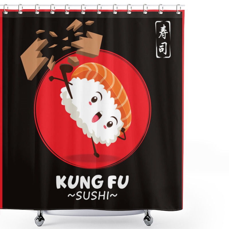 Personality  Vintage Kung Fu Sushi Poster Design With Vector Sushi Character. Chinese Word Means Sushi. Shower Curtains