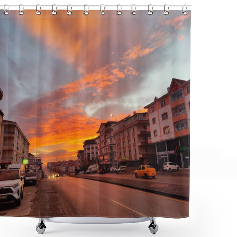 Personality  Fiery Sunset Of Hope: The Dramatic Blend Of Orange Flames And Calm Blue Sky, Symbolizing Balance Between Chaos And Serenity Shower Curtains