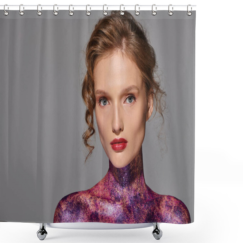 Personality  A Young Woman With A Purple Body And Bright Red Lipstick Exudes Classic Beauty In A Studio Setting. Shower Curtains