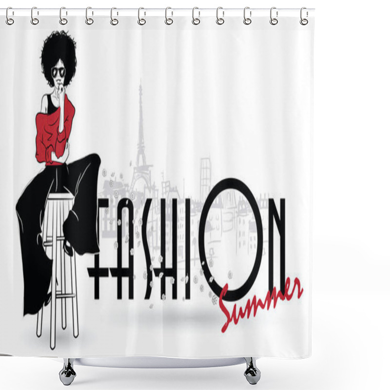 Personality  Fashion Girl In Sketch Style On A White Background. Shower Curtains