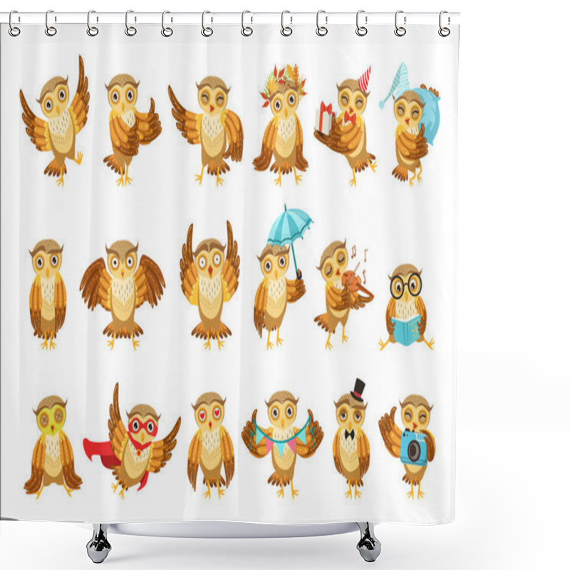 Personality  Cute Brown Owl Emoji Icon Set Shower Curtains