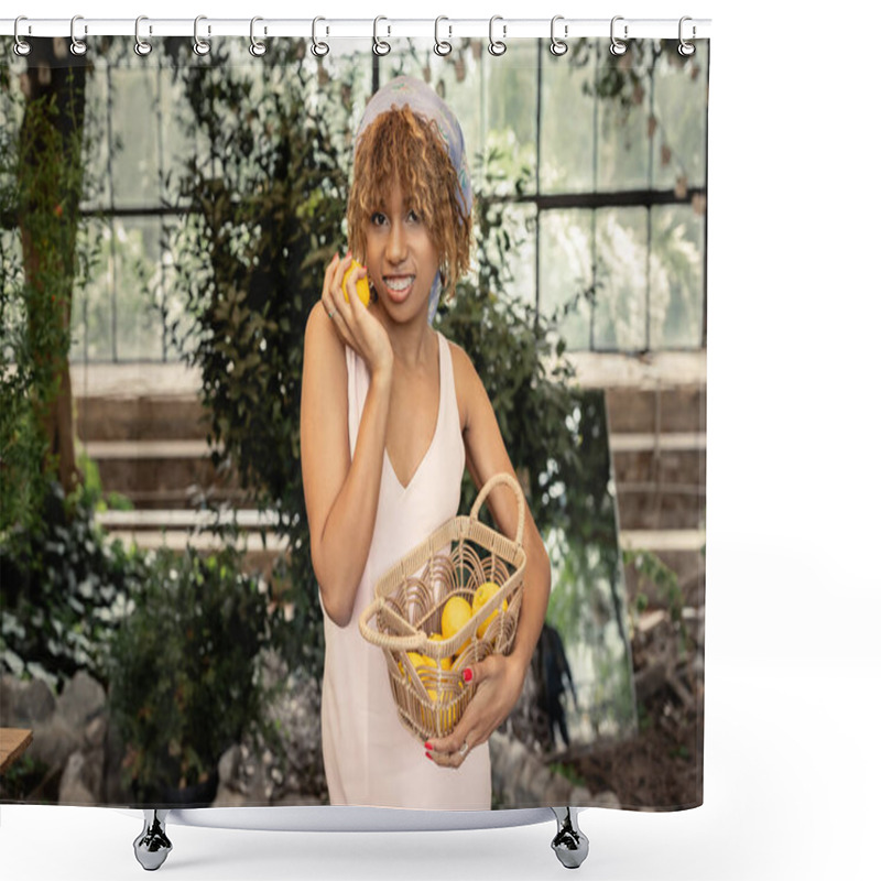 Personality  Cheerful Young African American Woman With Braces Wearing Summer Dress And Holding Basket With Lemons While Standing In Indoor Garden, Stylish Lady Blending Fashion And Nature, Summer Concept Shower Curtains