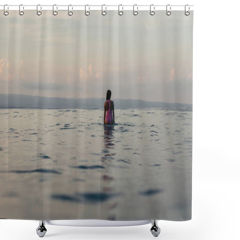 Personality  Back View Of Silhouette Of Female Surfer Sitting On Surfboard In Water  Shower Curtains