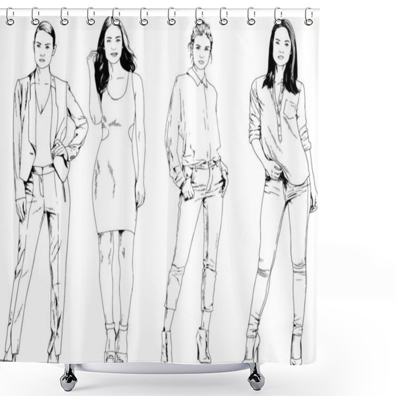 Personality  Beautiful Slim Girl In Casual Clothes, Drawn In Ink By Hand On A White Background Shower Curtains