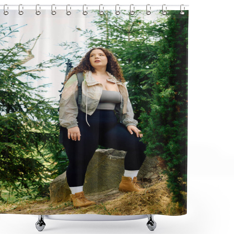 Personality  A Plus Size Woman Embraces The Beauty Of A Vibrant Forest, Surrounded By Natures Greenery. Shower Curtains