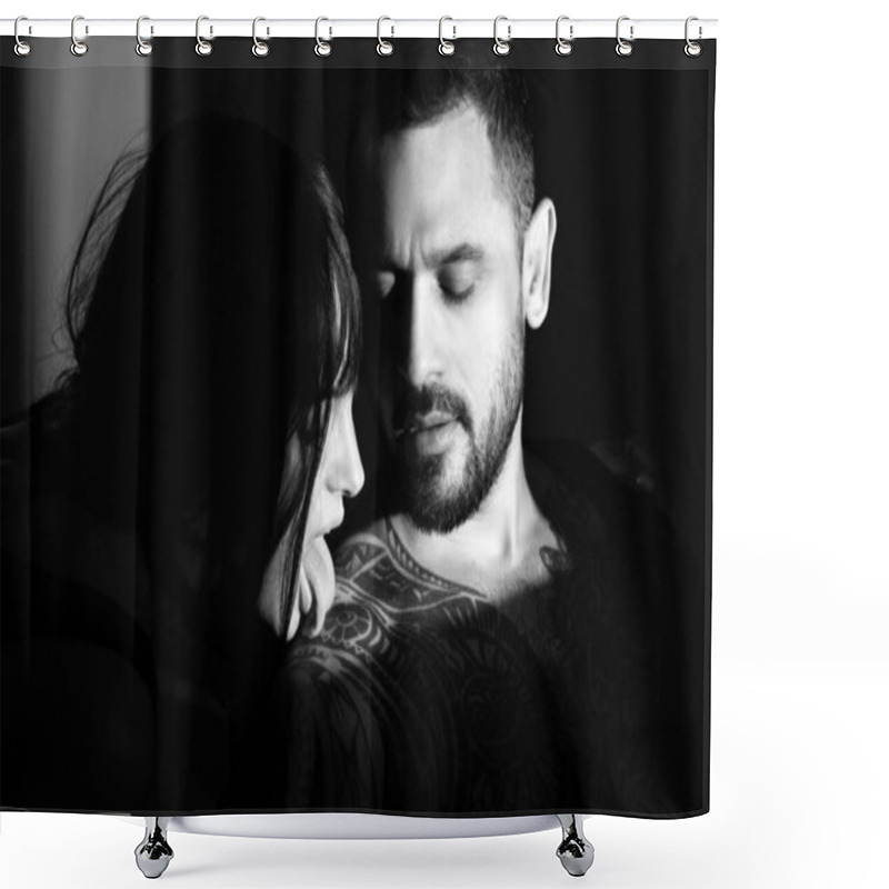 Personality  Couple Of Young Lovers. Young Couple Of Attractive Woman And Naked Muscular Man In Studio Background. Couple In Love. Beautiful Young Lovers Shower Curtains