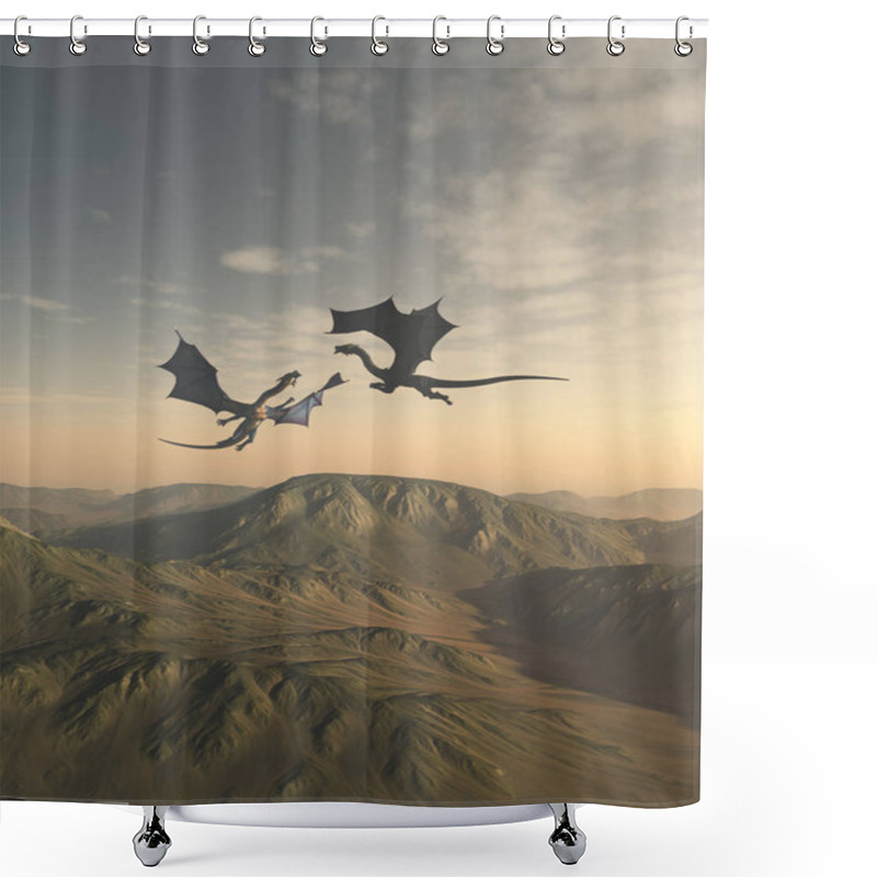 Personality  Fantasy Illustration Of Two Friendly Dragon Companions Flying Together Over A Mountain Landscape, 3d Digitally Rendered Illustration Shower Curtains