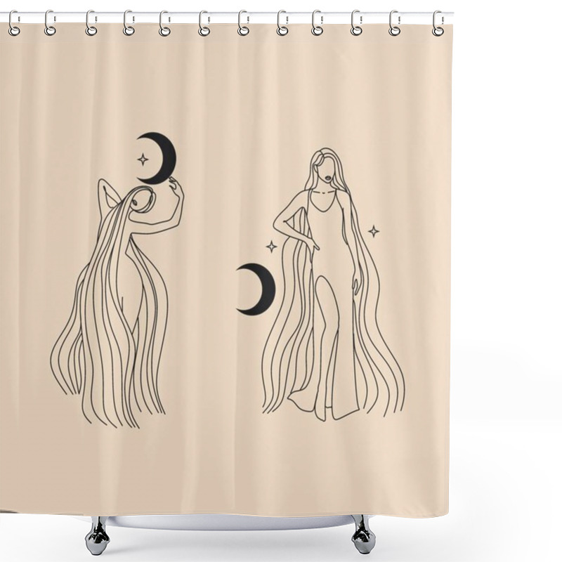 Personality  Cute Girl With Long Hair Sleeps On The Moon. Romantic Dreams With Night Sky And Stars. Vector Illustration Of Woman Hugs The Crescent Moon. Modern Witch Concept. Design For Tarot Card Cover, Postcard. Shower Curtains