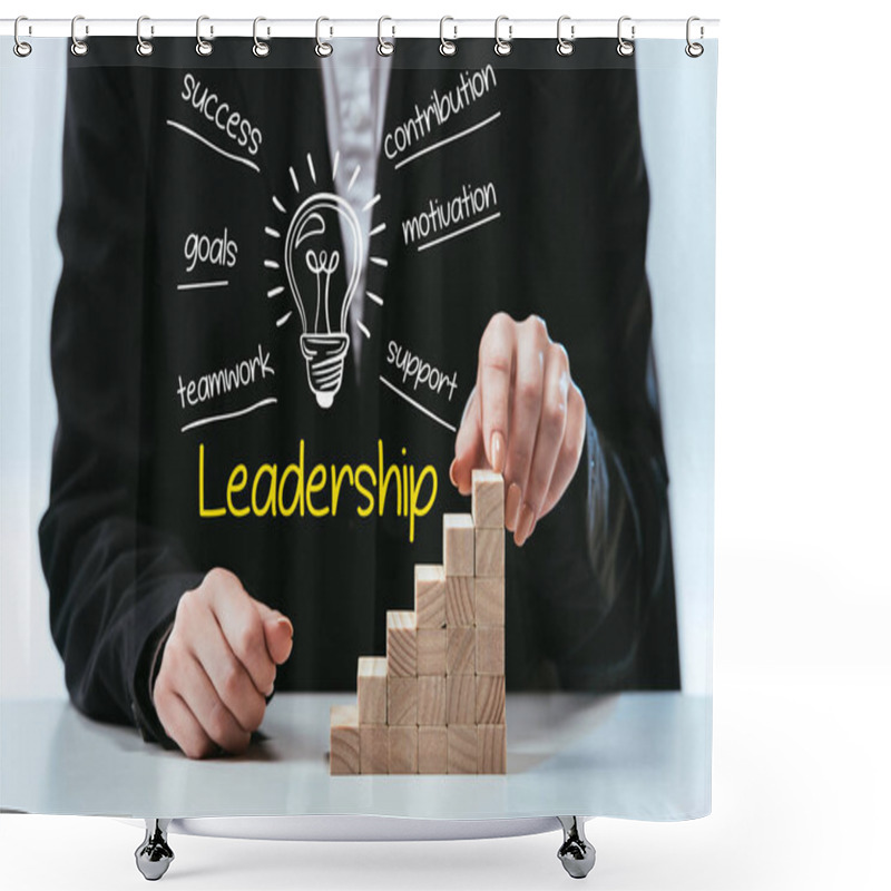 Personality  Cropped View Of Woman With Wooden Career Ladder, Components Of Leadership On Foreground Shower Curtains