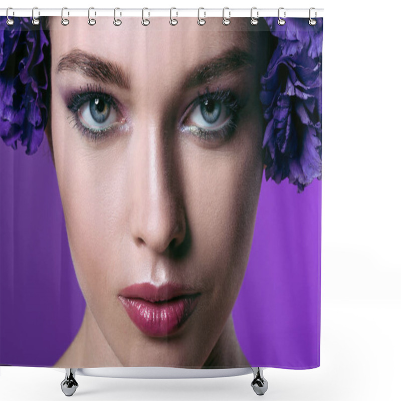 Personality  Close-up Portrait Of Attractive Young Woman With Eustoma Flowers Wreath On Head Looking At Camera Isolated On Purple Shower Curtains