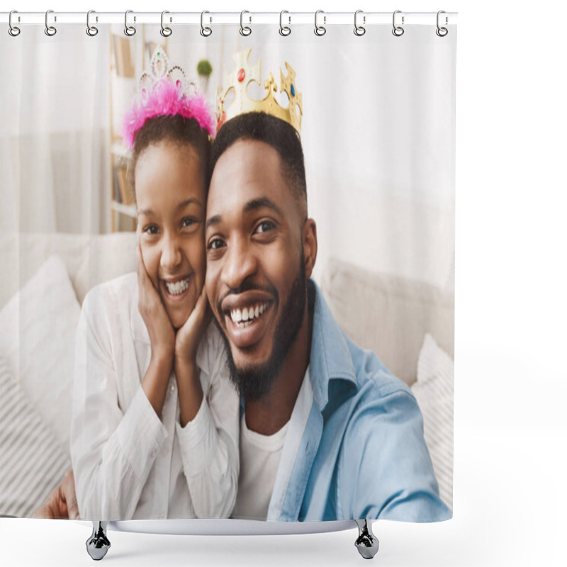 Personality  Play Princess. Father And Daughter In Crowns Taking Selfie Shower Curtains