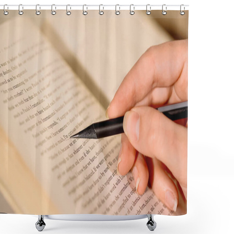 Personality  Cropped View Of Woman With Pencil Drawing On Book  Shower Curtains