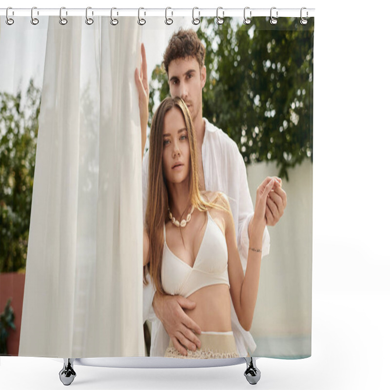 Personality  Beautiful Couple Holding Hands During Summer Vacation, Admiration And Affection, Looking At Camera Shower Curtains