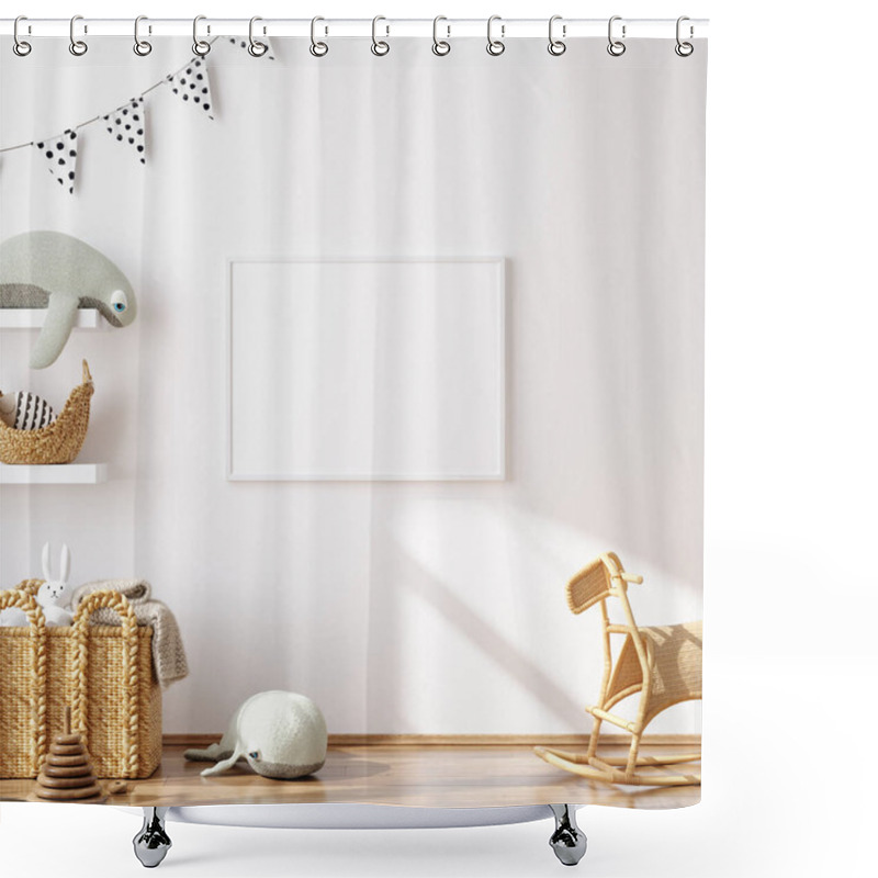 Personality  Mock Up Frame In Children Room With Natural Wooden Furniture, 3D Render Shower Curtains