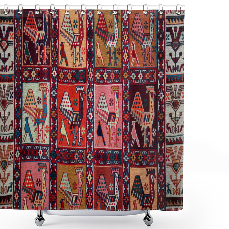 Personality  Traditional Rug With Intricate Geometric Patterns In Red, Orange, Yellow, Pink, And Black. Symmetrical Shapes And Vibrant Colors Create A Rich Tapestry Design, Bordered By Bold, Contrasting Edges. Shower Curtains