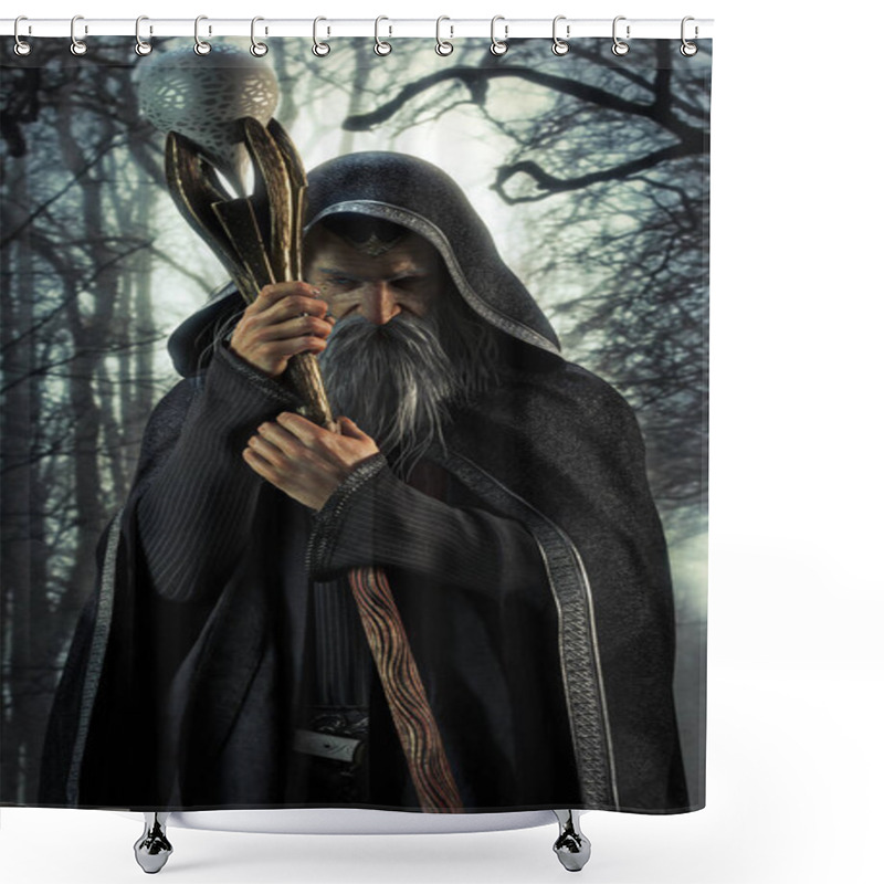 Personality  Evil Warlock Posing In An Enchanted Dark Forest. 3d Rendering Shower Curtains