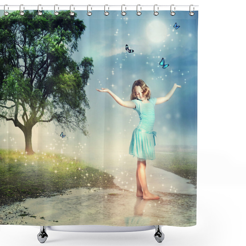 Personality  Girl With Blue Butterflies At A Magical Brook Shower Curtains